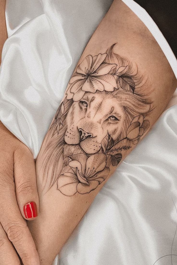 Tatuagem do rosto de um leão rodeado por flores no antebraço