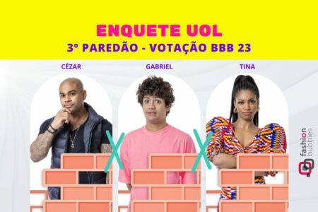 Montagem com Cézar Black, Domitila Barros e Gabriel Mosca e Tina para a enquete BBB 23 do 3º Paredão