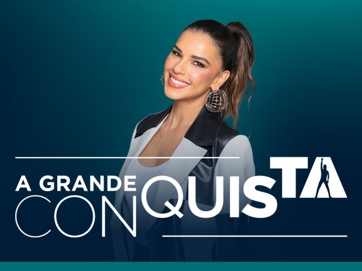 A Grande Conquista, novo reality show da Record Tv. Mariana Rios na foto com o logo do programa