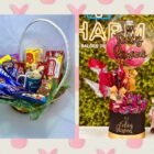 Montagem com duas cestas que aparecem na matéria: uma com chocolates, caneca e coelho de pelúcia e outra caixa de Feliz Páscoa com sonho de valsa e balão