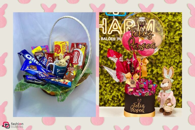 Montagem com duas cestas que aparecem na matéria: uma com chocolates, caneca e coelho de pelúcia e outra caixa de Feliz Páscoa com sonho de valsa e balão