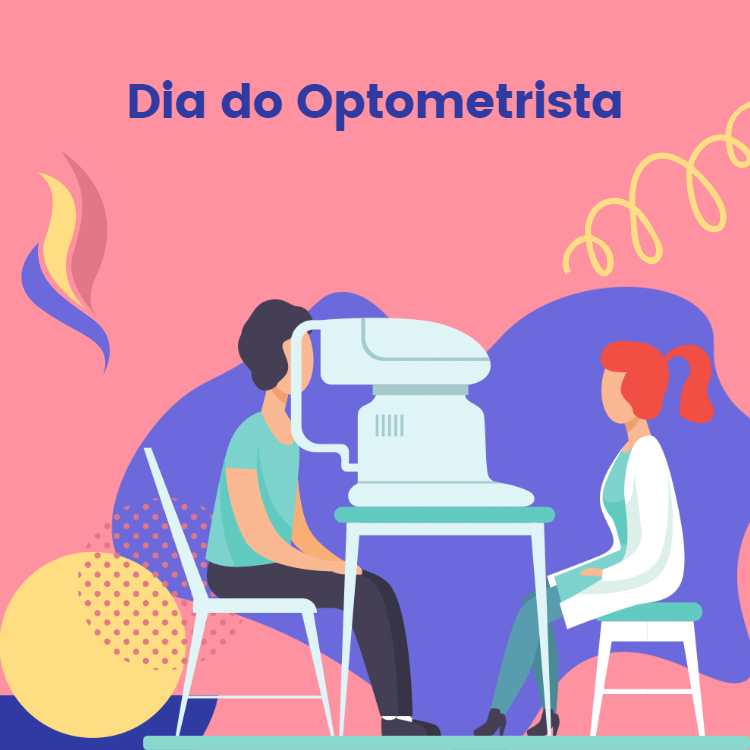 "Dia do Optometrista" escrito em desenho de médica observando olho de paciente por maquina.