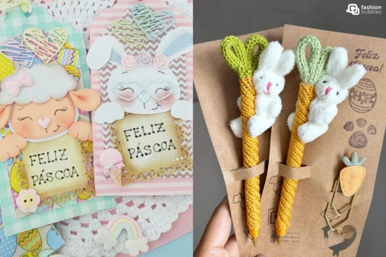 2 ideias de lembrancinhas de Páscoa, um cartão e uma caneta decorada em crochê