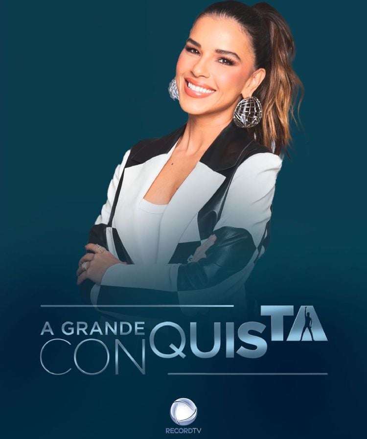 A Grande Conquista, novo reality show da Record Tv. Mariana Rios na foto com o logo do programa