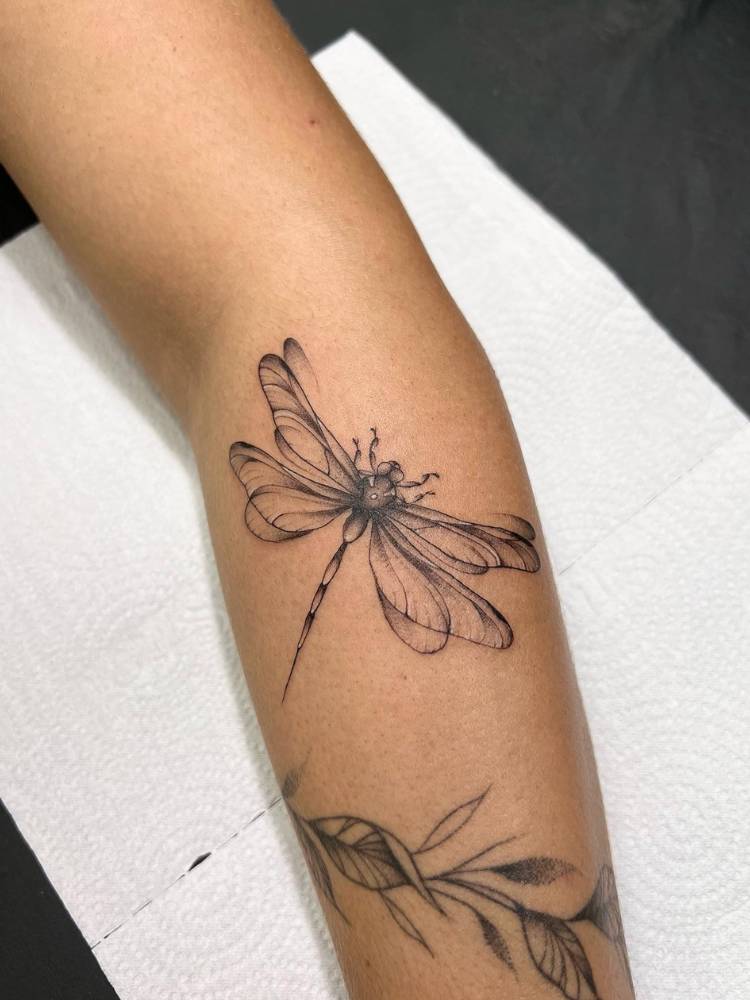 Tatuagem realista de libélula, com sombreamento, no braço 