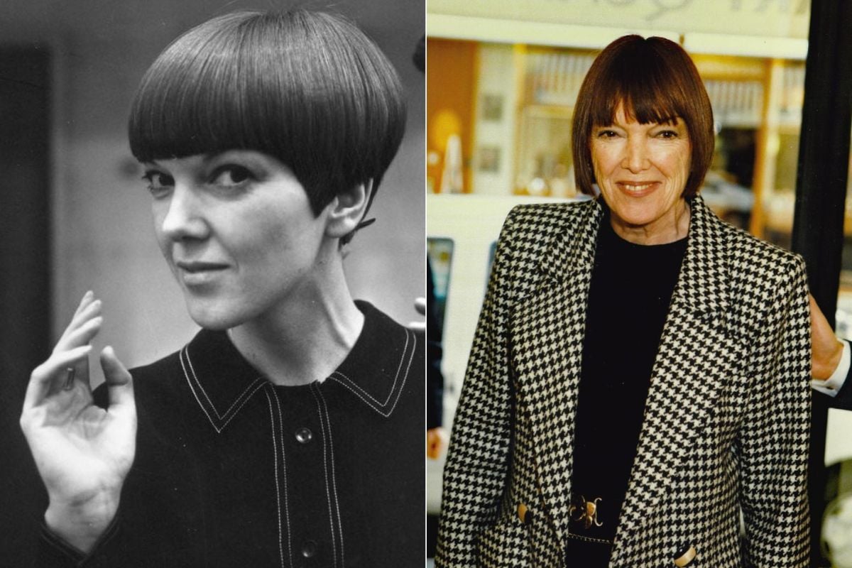 montagem com 2 fotos da estilista Mary Quant, uma dos anos 1960 e outra mais atual