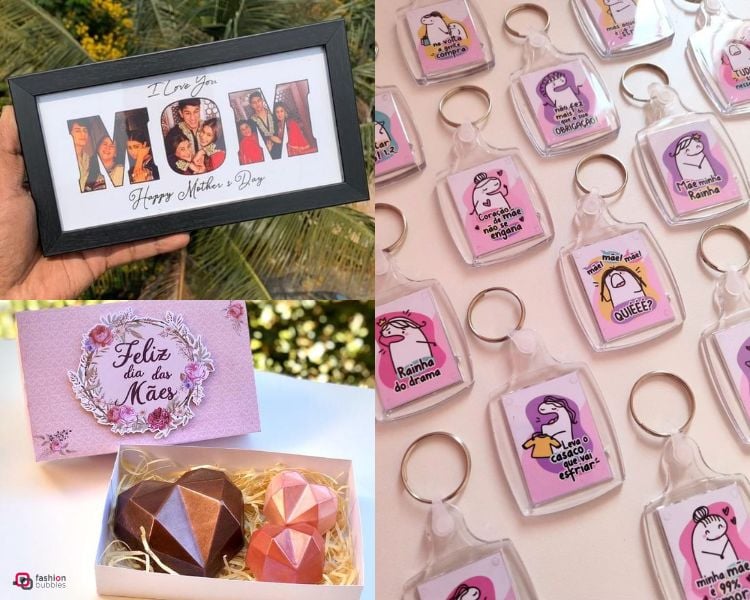 Montagem com 3 ideias de lembranças para o Dia das Mães: porta retratro personalizado, caixa de chocolate personalizada e chaveiro personalizado.