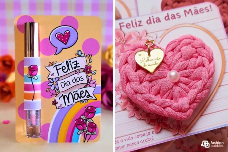 Duas ideias de lembrancinha de Dia das Mães, cartão com gloss e chaveiro de crochê