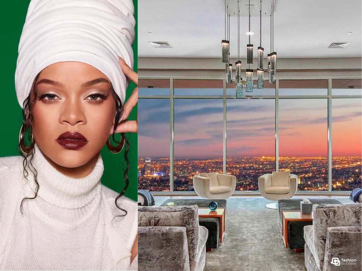 Montagem como foto do rosto de Rihanna usando touca branca e blusa de frio branca com outra ao lado de sua nova mansão, da sala com poltoronas e sofás com vista para a cidade.
