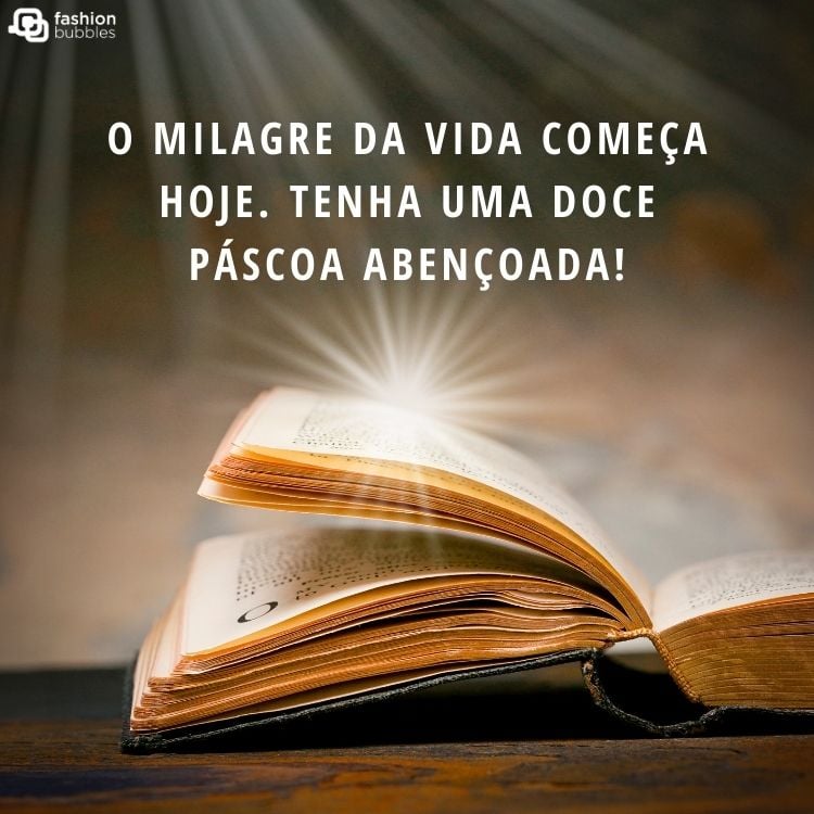 Foto de Bíblia iluminada e a frase " O milagre da vida começa hoje. Tenha uma doce Páscoa abençoada!"