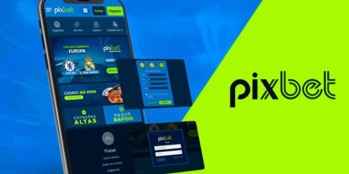 fundo azul e verde com celular ensinando como instalar o app do Pixbet no iOS