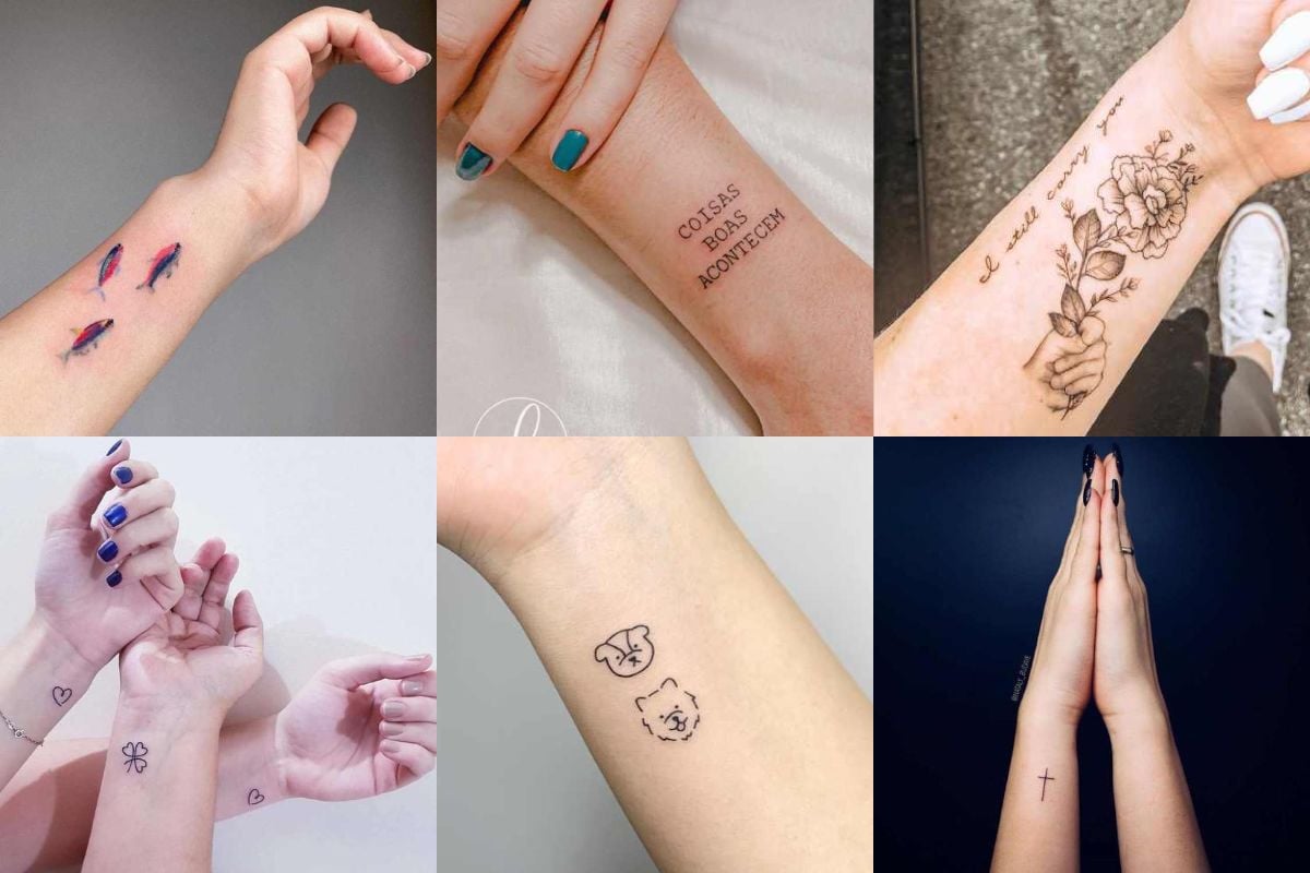 montagem com 6 opções de tatuagem no pulso delicada feminina e masculina