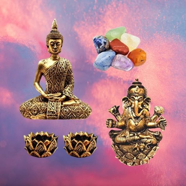 Combo Estátuas de Ganesha e Buda + Kit 7 Pedras dos Chakras + 2 Castiçais