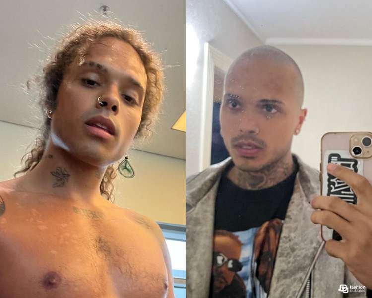 Montagem com o antes e depois do cantor com a cabeça raspada: foto dele com cabelos cacheados compridos amarrados e outra dele careca, em selfie no espelho