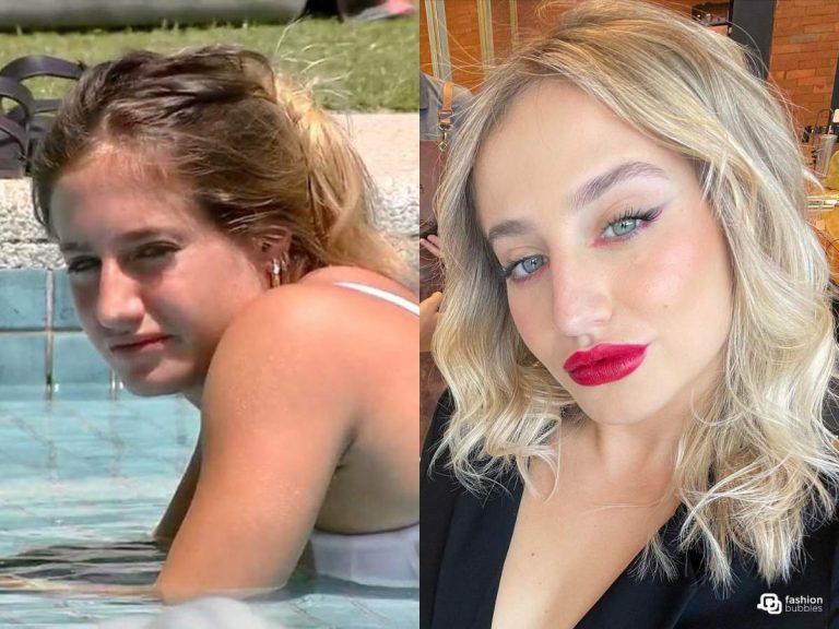 Montagem com uma foto de Bruna Griphao na piscina do BBB 23 e outra dela hoje, maquiada e bem arrumada.