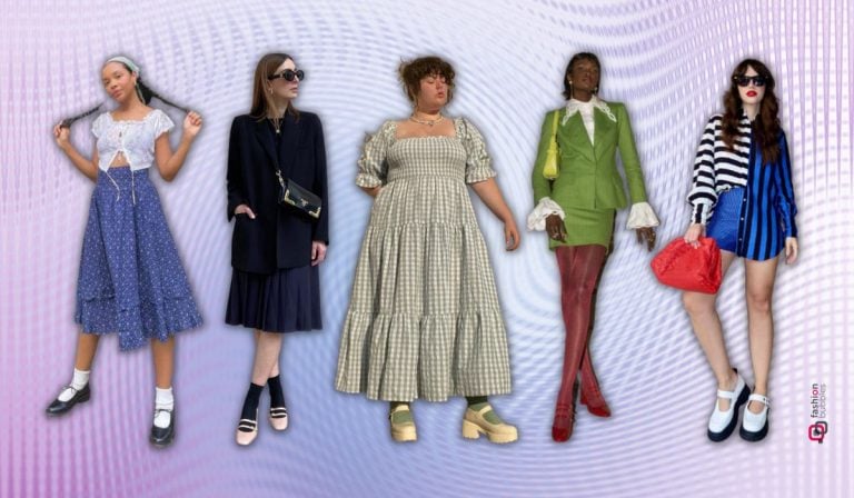 fundo roxo e axul com foto de 5 mulheres usando looks com sapato Mary Jane