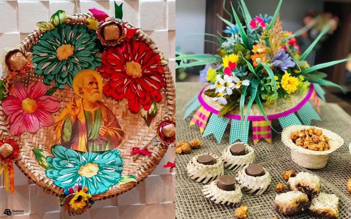 Montagem com 2 ideias de decoração para festa junina: peneira de palha decorada com tecidos e imagem de São João, e mini chapéus de palha com docinhos
