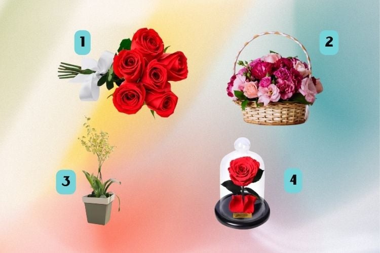 Montagem de fundo em cores pastéis com buquê de rosas vermelhas, cestas de flores rosas, vaso de flor amarela e rosa encantada