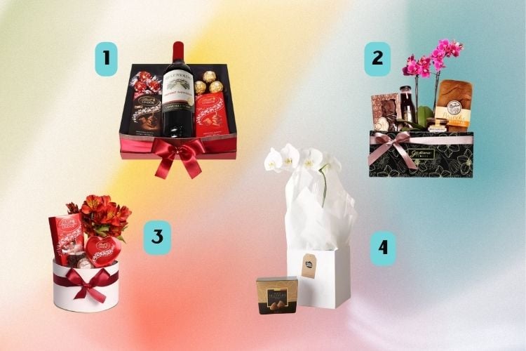 Montagem de fundo em cores pastéis com cesta de chocolates e vinho, cesta de flores e doces, cesta vermelha e cesta de flor branca com chocolate