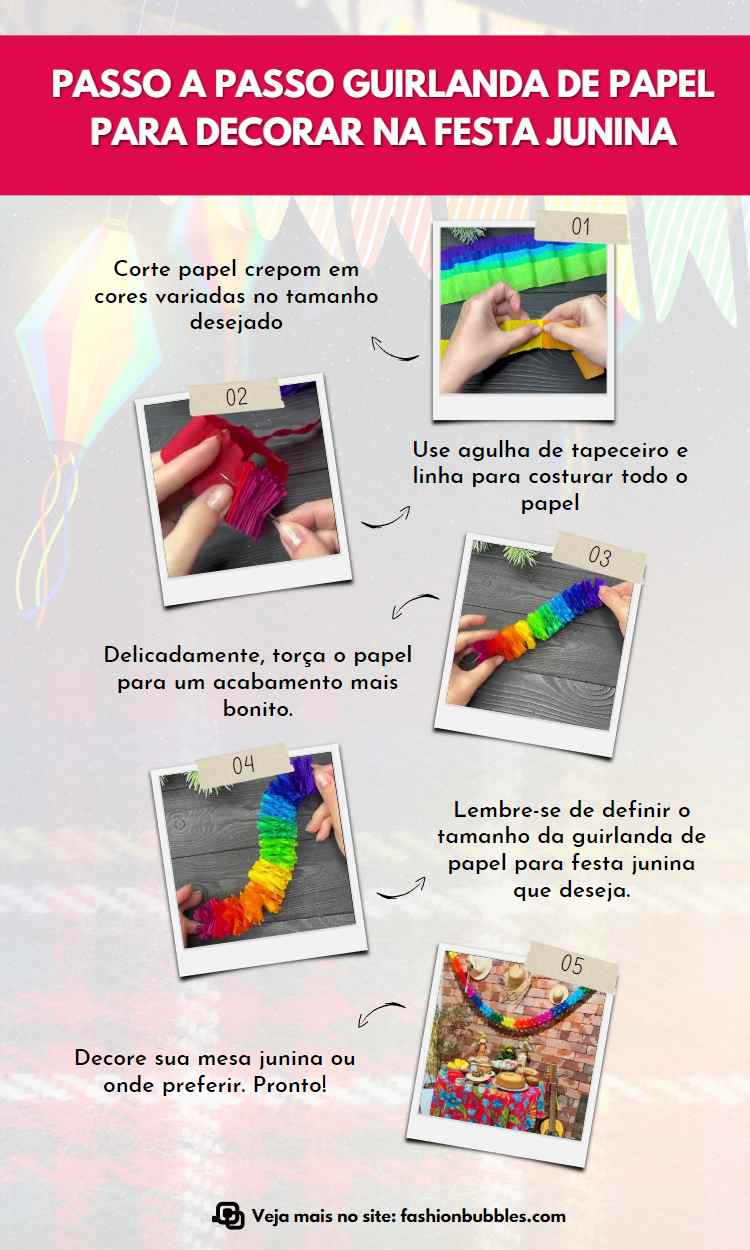 Montagem com 5 passos de como fazer guirlanda de papel crepom para decorar na festa junina