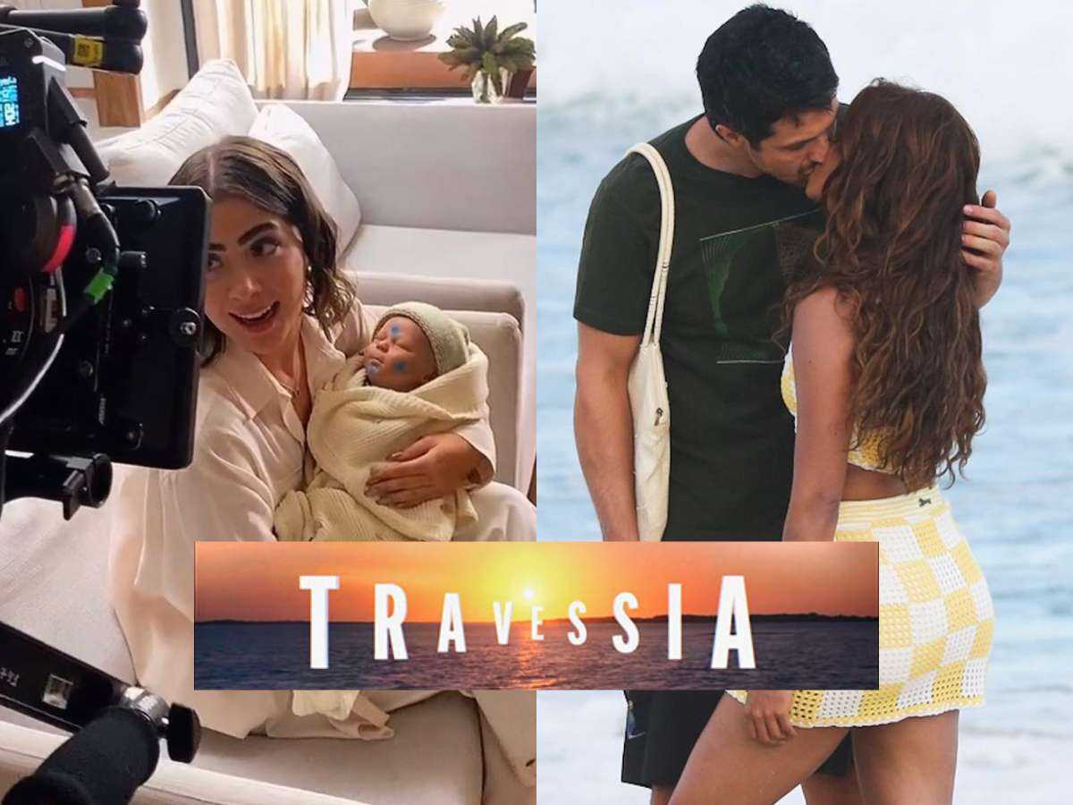 Montagem com duas fotos, uma de Chiara de Travessia com seu bebê e outra de Brisa e Oto se beijando na praia.