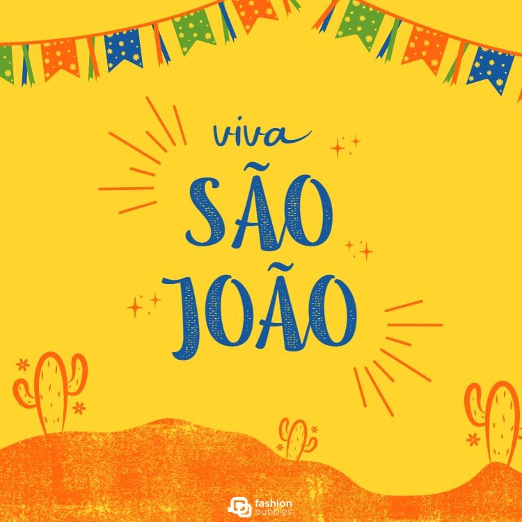 fundo amarelo com os dizeres Viva São João e desenho de bandeirinhas juninas
