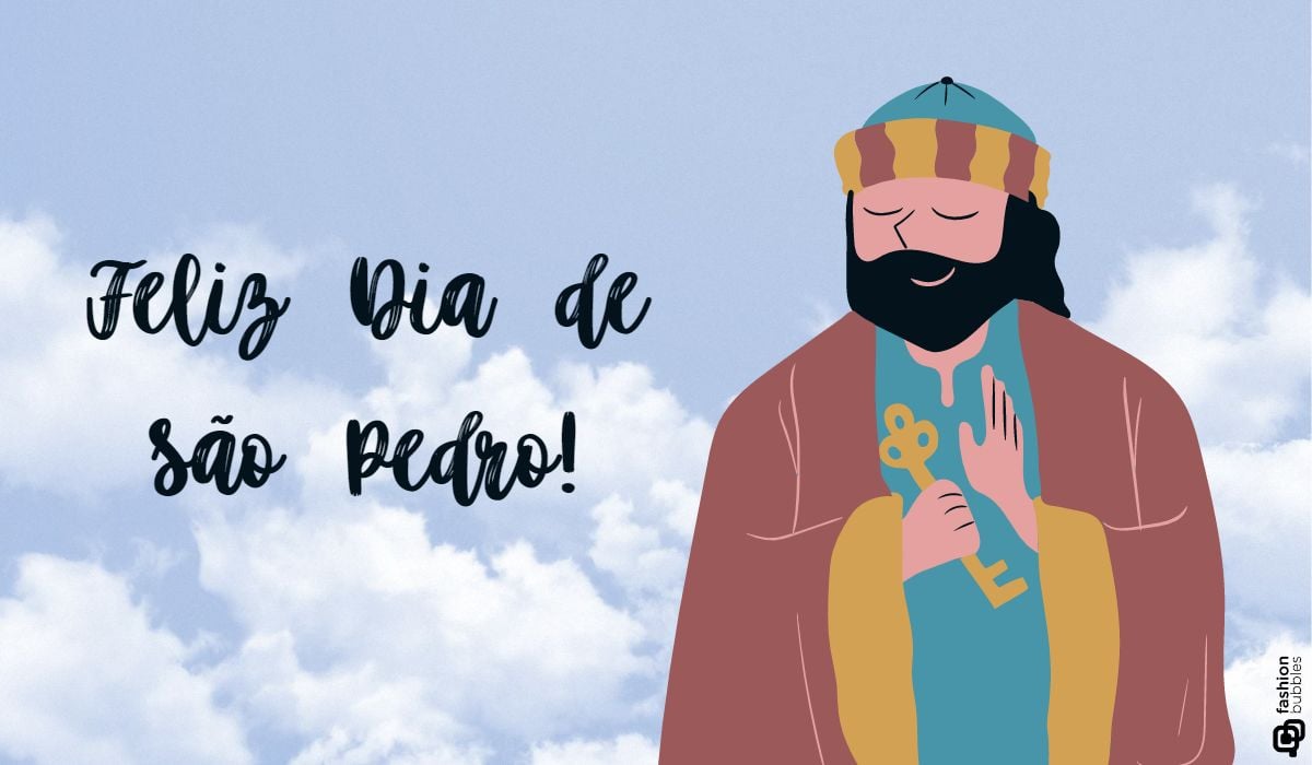 fundo de nuvens com imagem de São Pedro e mensagem para compartilhar 29 de junho