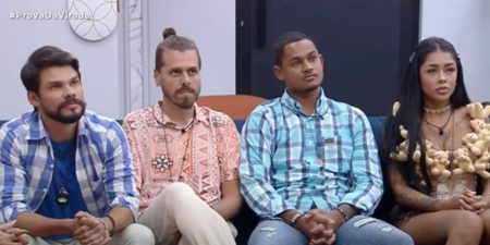 Alexandre Suita, Daniel Toko, Gabriel Roza e Fernanda Medrado na Mansão em dia de eliminação da 8ª Zona de Riso em A Grande Conquista
