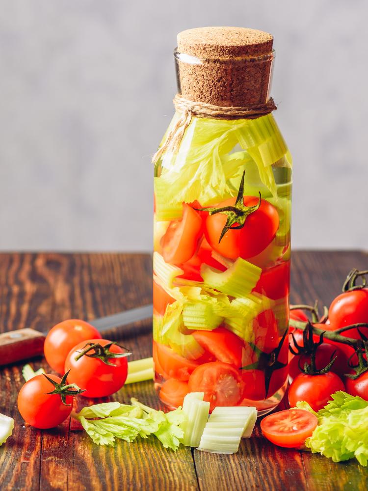 Garrafa de água saborizada com vegetais: tomate cereja e talos de aipo. Ingredientes e faca sobre mesa de madeira