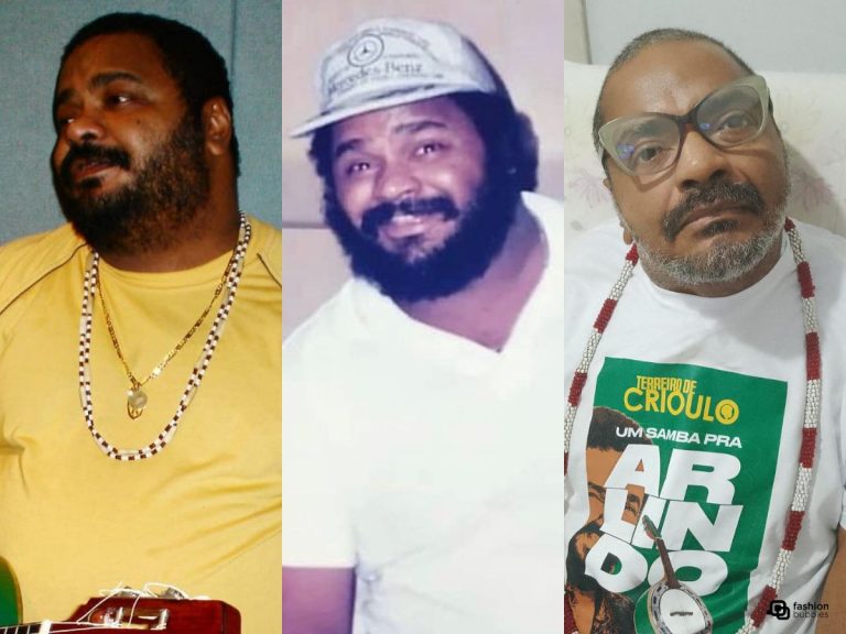 Montagem com 3 fotos de Arlindo Cruz ao longo de sua vida