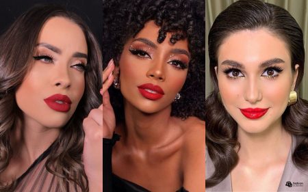 Montagem com rostos de 3 mulheres maquiadas com batom vermelho