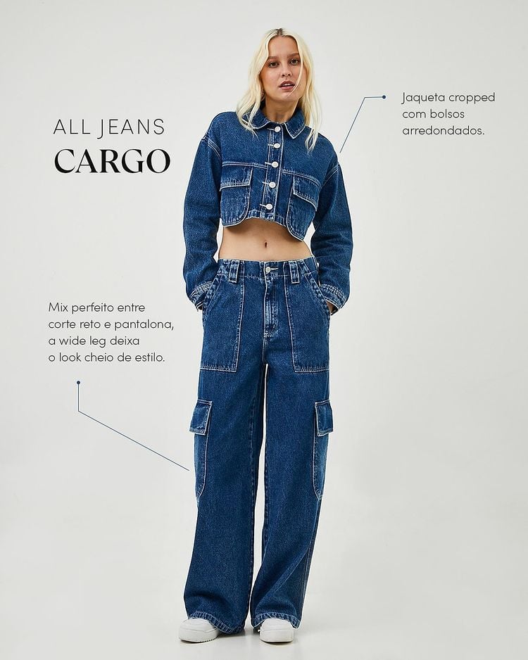Modelo com look all jeans