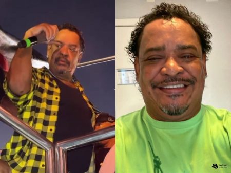 Montagem com 2 fotos do cantor Compadre Washington, uma no show em Salvador que apssou mal, e outra, uma selfie dele sorrindo