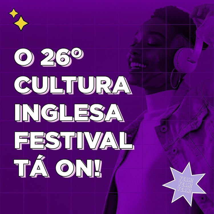 banner do 26º Cultura Inglesa Festival, com foto de mulher negra com fone de ouvido