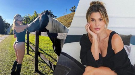 Flávia Alessandra desabafa sobre ataques, após surgir de fio dental acariciando cavalo: “Velha aos 49”
