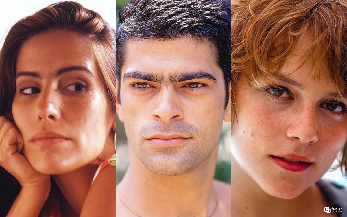 Montagem com 3 fotos de atores da novela Mulheres de Areia de 1993: Glória Pires, Eduarco Moscovis e Vivianne Parmanter