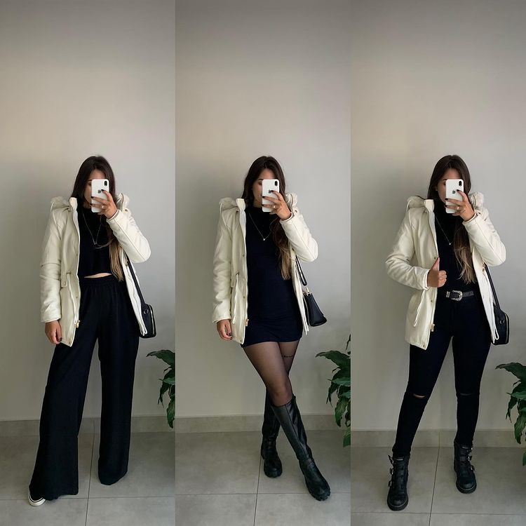 jaqueta parka branca combinada com 3 looks diferentes