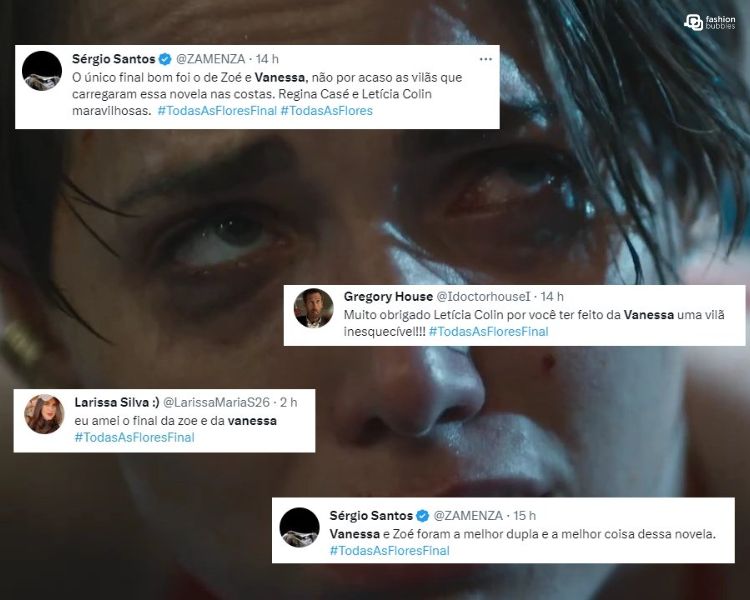 Montagem com foto da personagem Vanessa e print de alguns comentários do Twitter falando sobre o papel na novela do GloboPlay