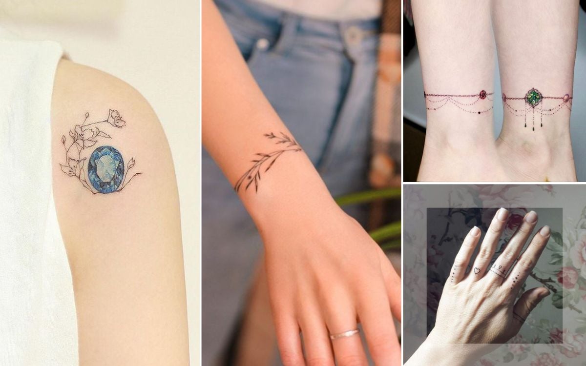 montagem com 4 tatuagens que imitam joias e acessórios