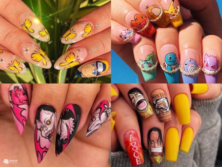 Montagem com 4 ideias de unhas anime: Naruto, Pokémon, Death Note e One Piece