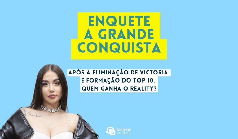 Montagem para enquete do Top 10 de A Grande Conquista com foto da última eliminada, Victoria Macan