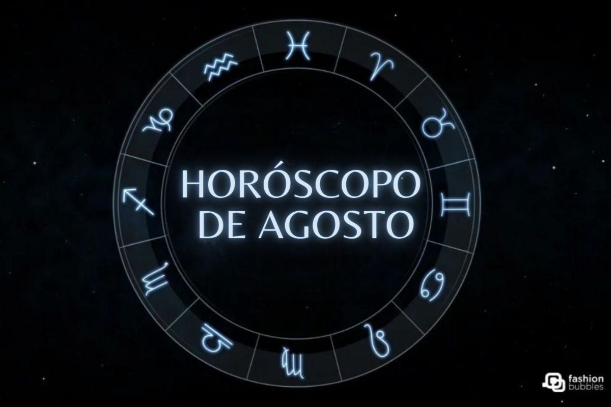 Símbolo do zodíaco com o texto "Horóscopo de Agosto" no meio
