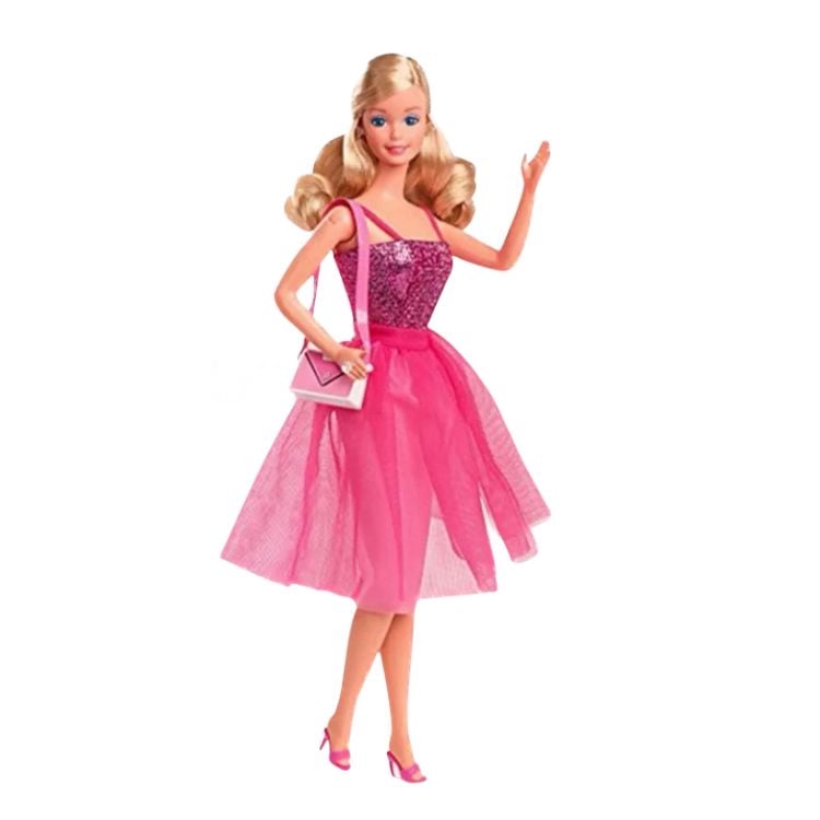 Barbie "Day-to-night" de 1985: vestido pink com parte de cima brilhante, saia de tule + salto pink + bolsa pink