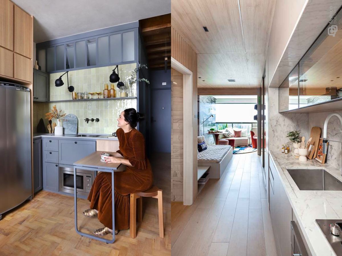 duas fotos, uma cozinha de apartamento pequeno e outra do apartamento completo, também pequeno