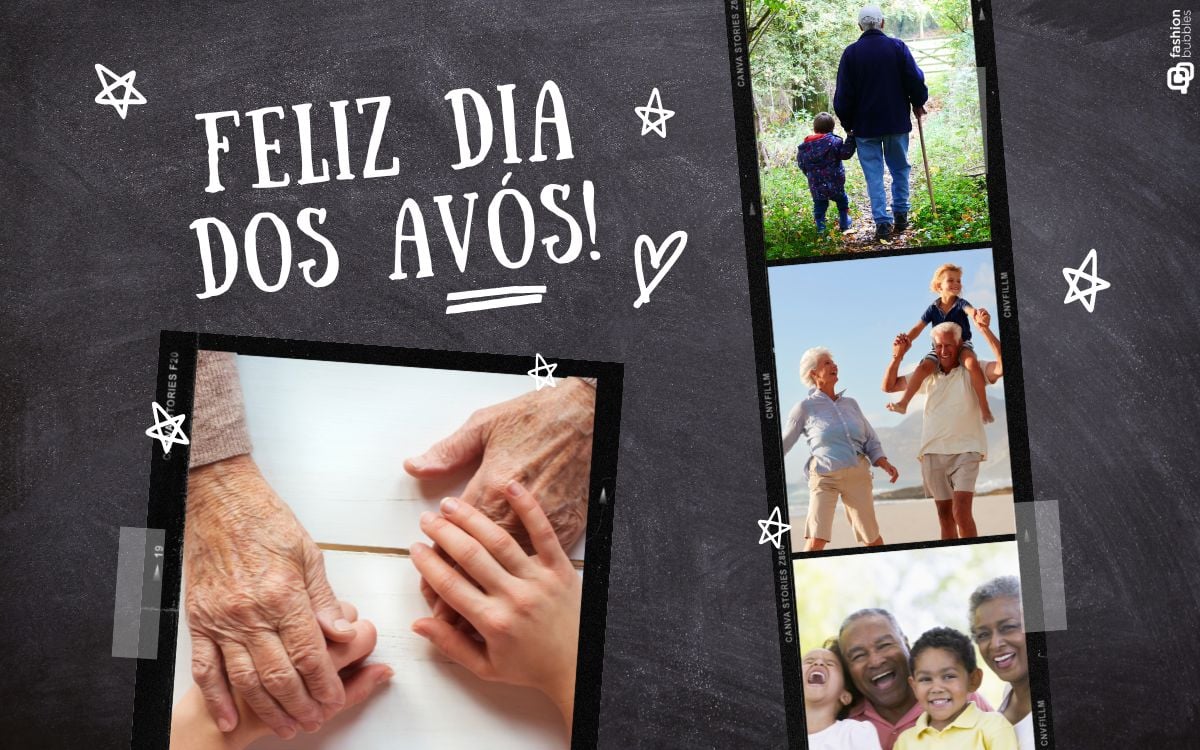cartão virtual de feliz Dia dos Avós com fotos de famílias e fundo de lousa