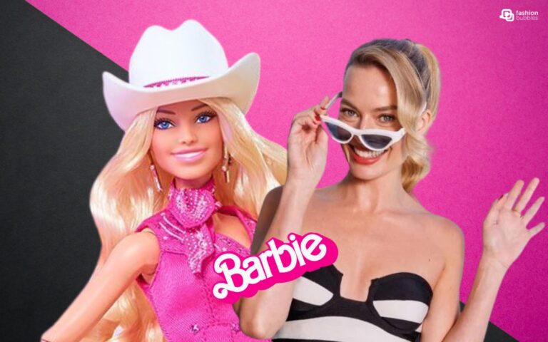 Montagem com foto da boneca Barbie e de Margot Robbie, atriz que fez Barbie nos cinemas em 2023