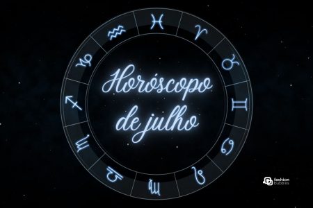 Céu estrelado com símbolos dos signos do zodíaco. Ao centro, se lê horóscopo de julho