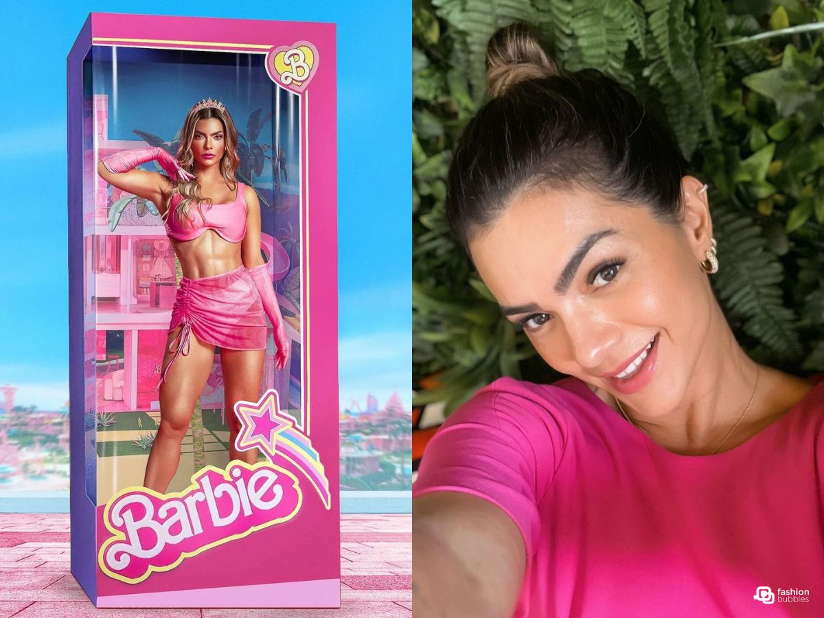 Foto de Kelly Key como Barbie em caixa de boneca + selfie dele com camiseta rosa