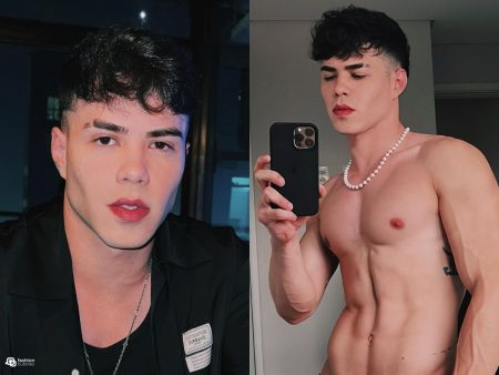 Montagem com duas fotos de Gustavo ROcha, influenciador digital, do rosto e dele sem camisa