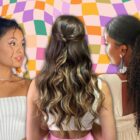 3 fotos de penteados fáceis diferentes em fundo quadriculado colorido